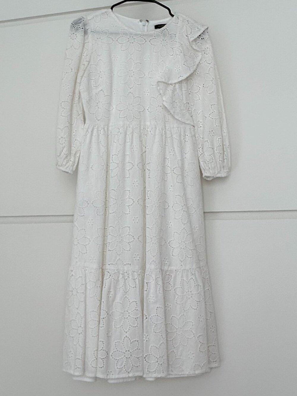 Halogen White Floral Eyelet Ruffle Midi Dress XS Petite Cotton